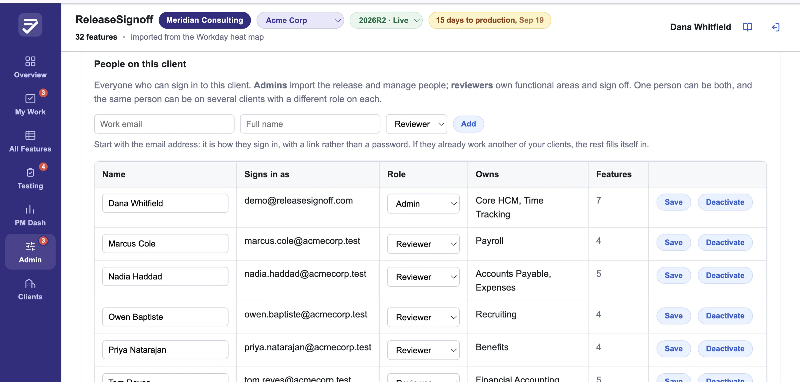 The People on this client screen: a work email and full name box with a role dropdown, and a table of everyone on the client showing what they sign in as, whether they are an admin or a reviewer, which functional areas they own, and how many features that is.
